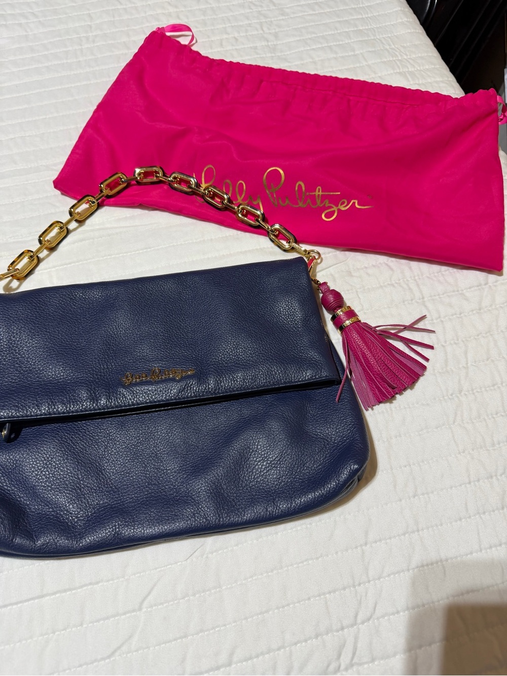 Lilly Pulitzer Navy Leather Shoulder Bag with Pink Tassel and Gold Chain
